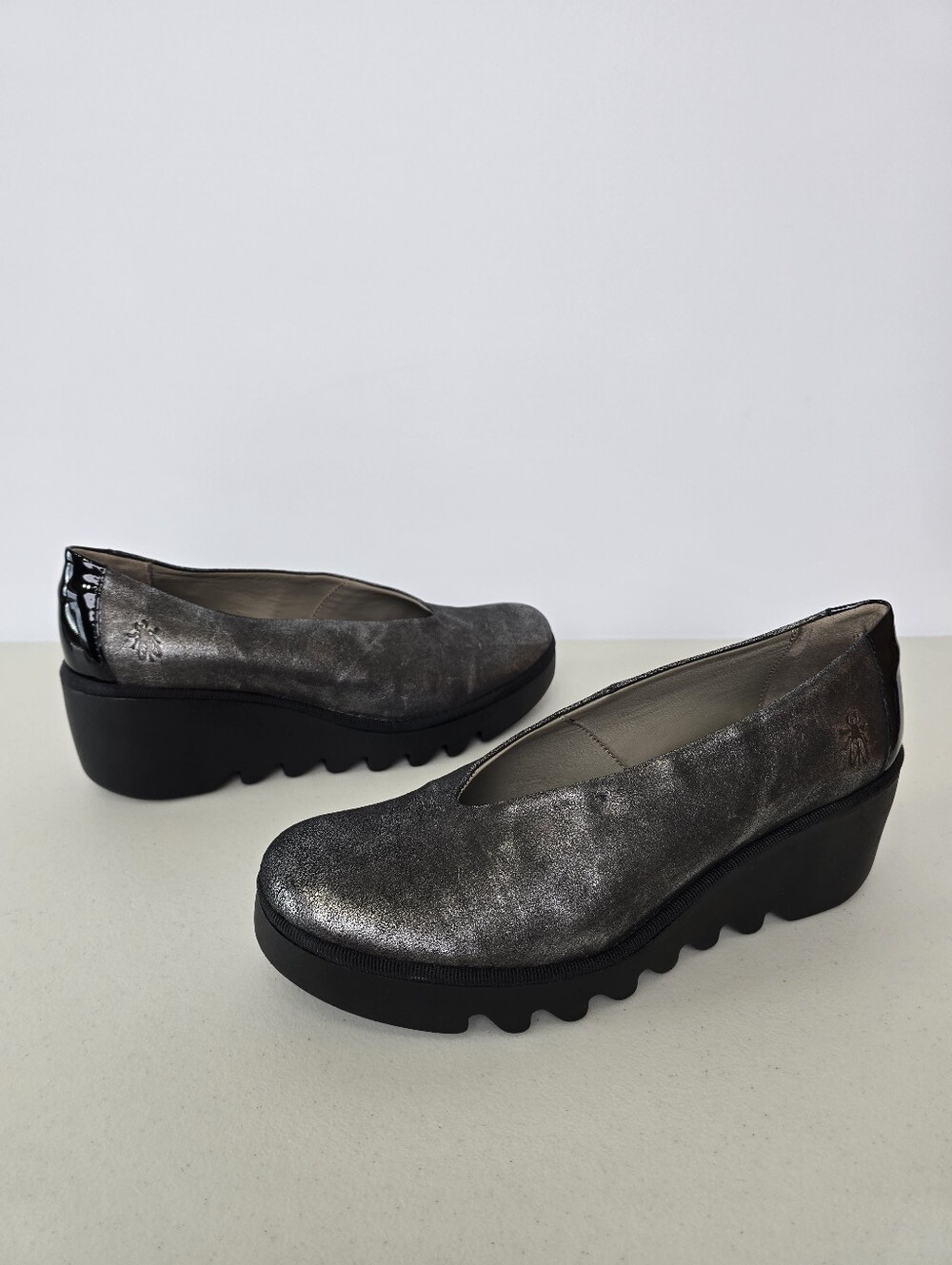 Fly London BESO246FLY Silver Metallic Leather Wedge Platform Shoes EU 42 US 11
